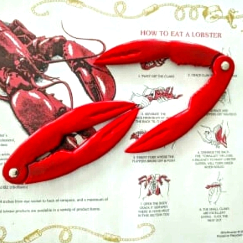 Vintage Lilian Vernon Set of 4 Red Enamel Lobster Cracker & Stainless Steel Fork